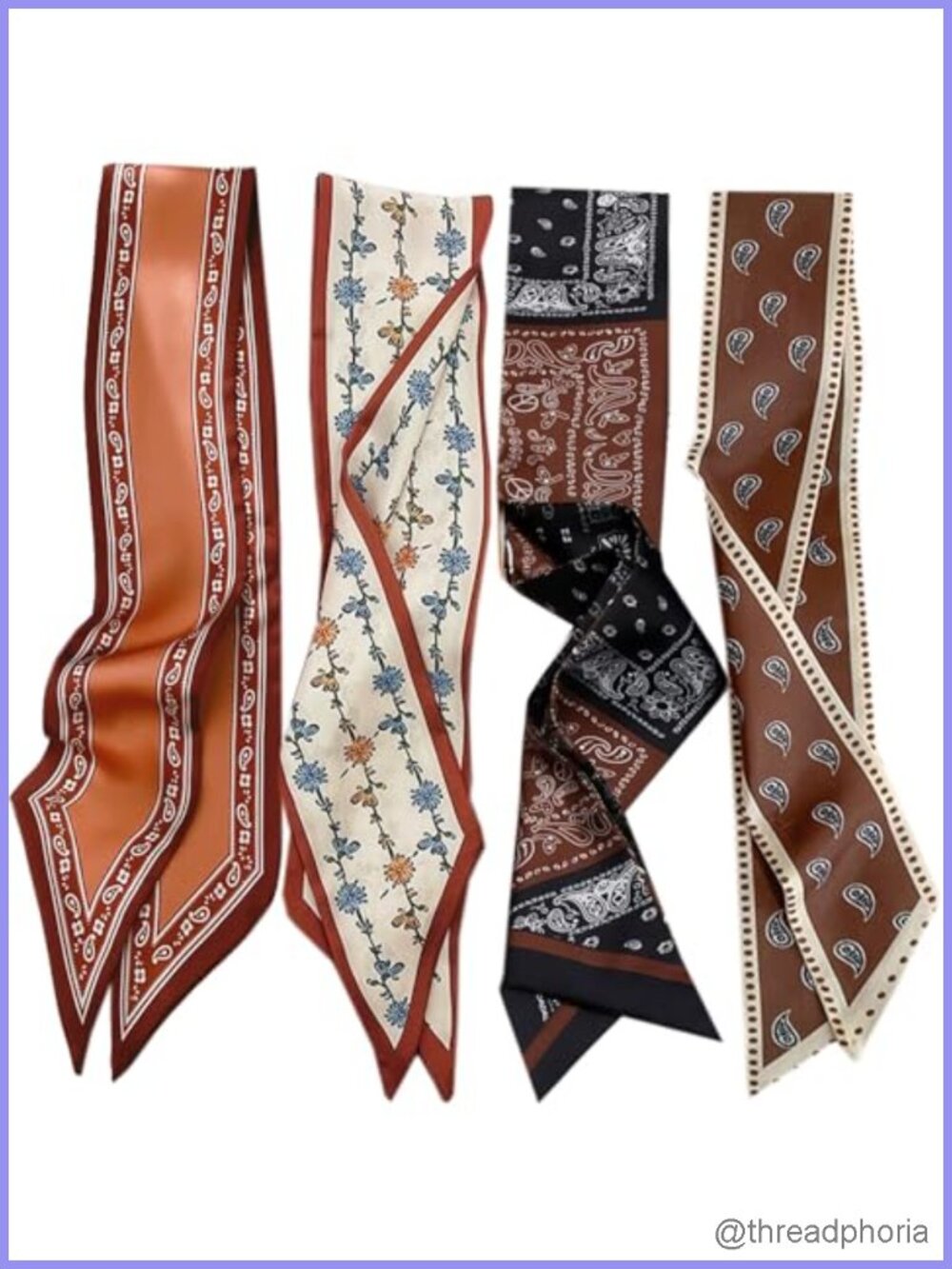 4pc Silk Scarf Set - Head Wrap Neckerchief Bag Handle Hair Band